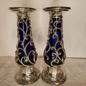 RARE VINTAGE COBALT BLUE GLASS SILVER CANDLE HOLDERS CANDLESTICK CANDELABRA